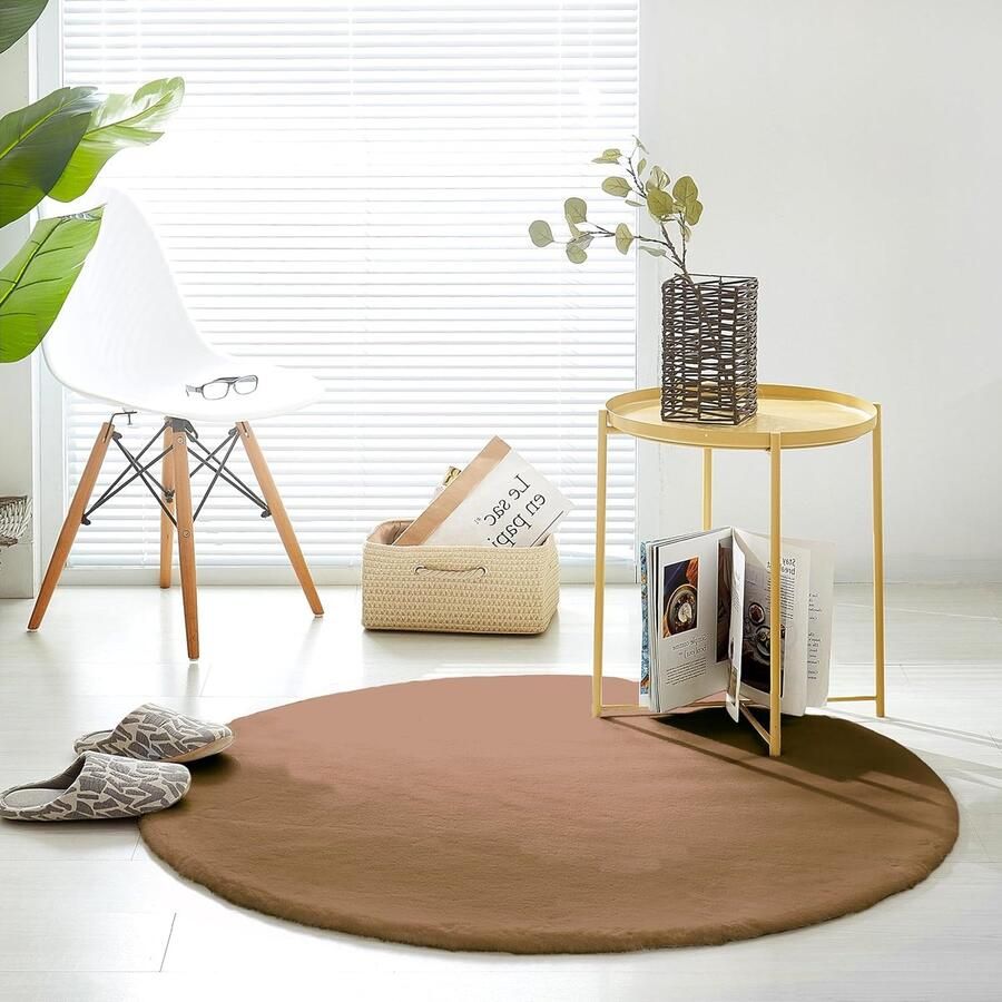 Pluizig Rond Tapijt Van Imitatiebont Bruin 120cm Voor Woonkamer Of Slaapkamer