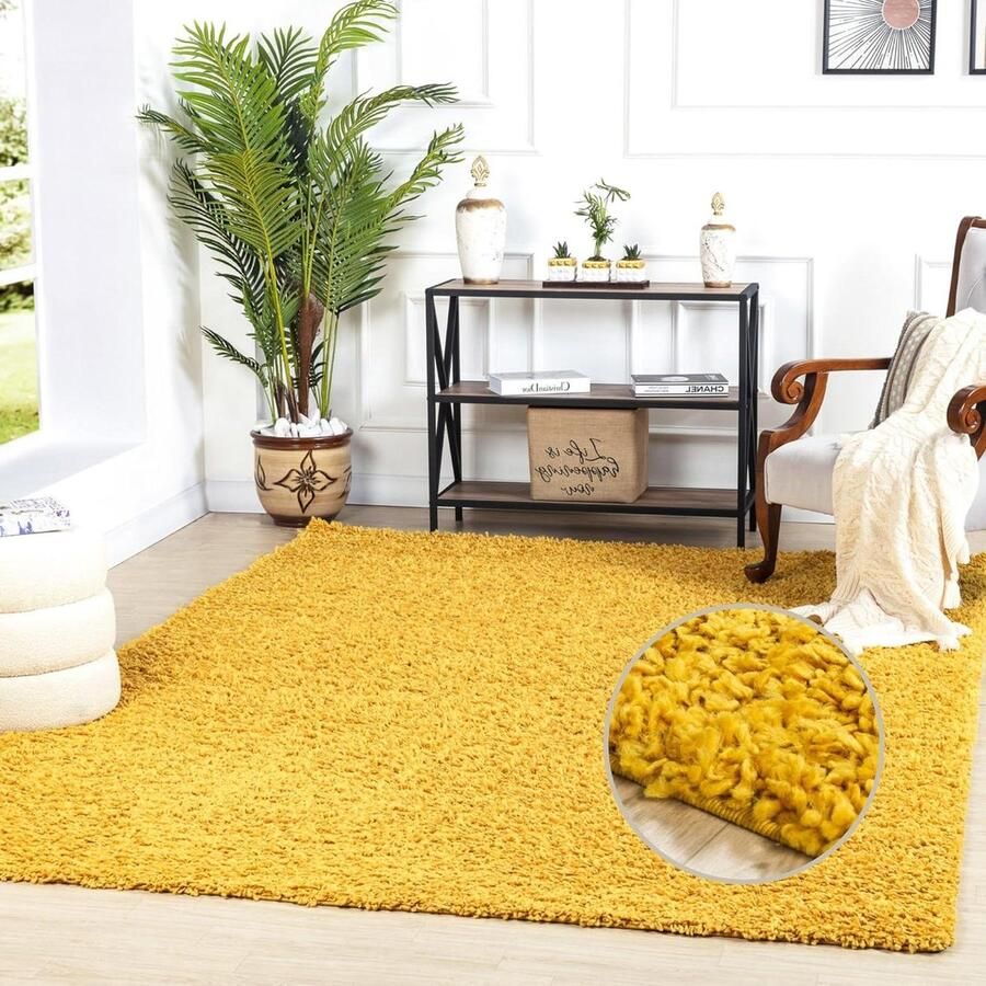 Pluizig Shaggy Tapijt voor Woonkamer Slaapkamer Abstract Langpolig Tapijt Groot Tapijt 200 x 290 cm Geel
