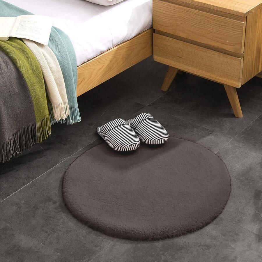 Pluizig Tapijt Imitatiebont Rond Woonkamerkleed 60cm Donkergrijs Hoogpolig