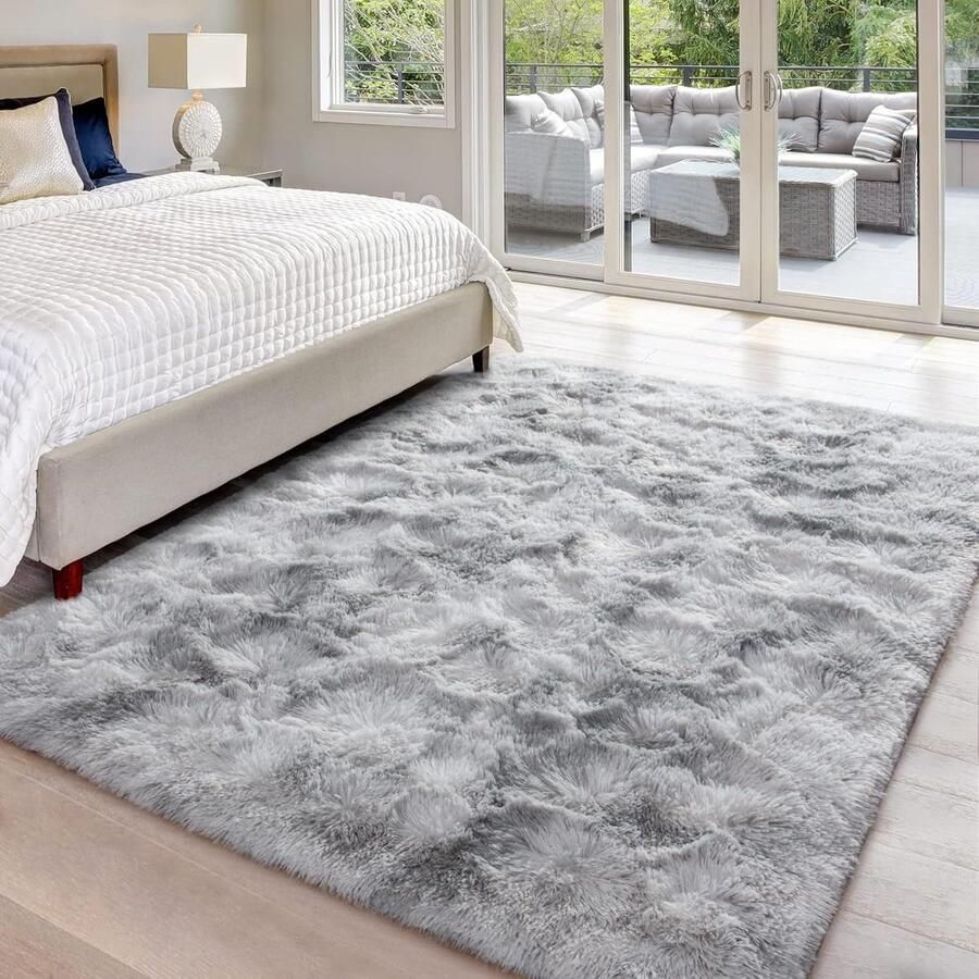 Fluffy vloerkleed modern tapijt 1 stuk grijs-wit 120 x 160 cm