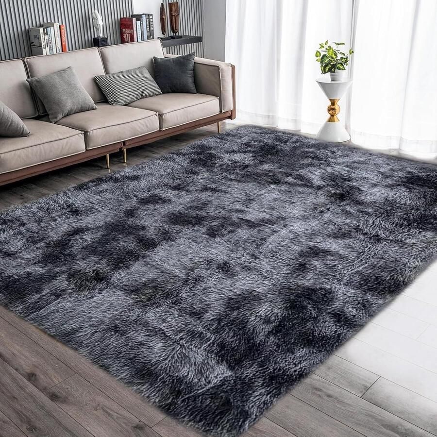 Pluizig tapijt Shaggy vloerkleed Wasbaar 140 x 200 cm Grijs zwart