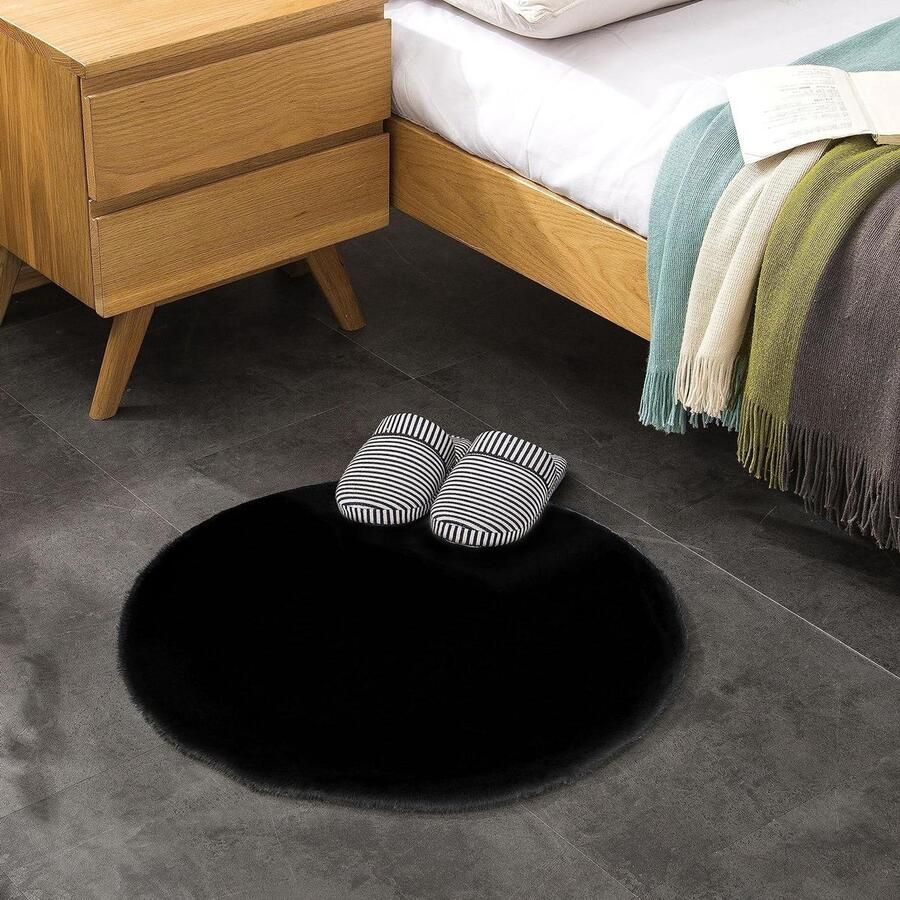 Pluizig Tapijt Van Imitatiebont Hoogpolig Bont-Tapijt Voor Woonkamer 1 stuk Zwart 60cm Rond