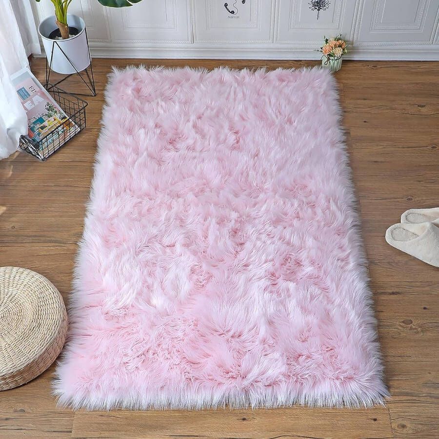 Pluizig tapijt voor de woonkamer hoogpolige tapijten modern kunstbont tapijt imitatie schapenvacht tapijt decoratieve vacht voor stoel bank of bed (roze 80 x 180 cm rechthoekig)