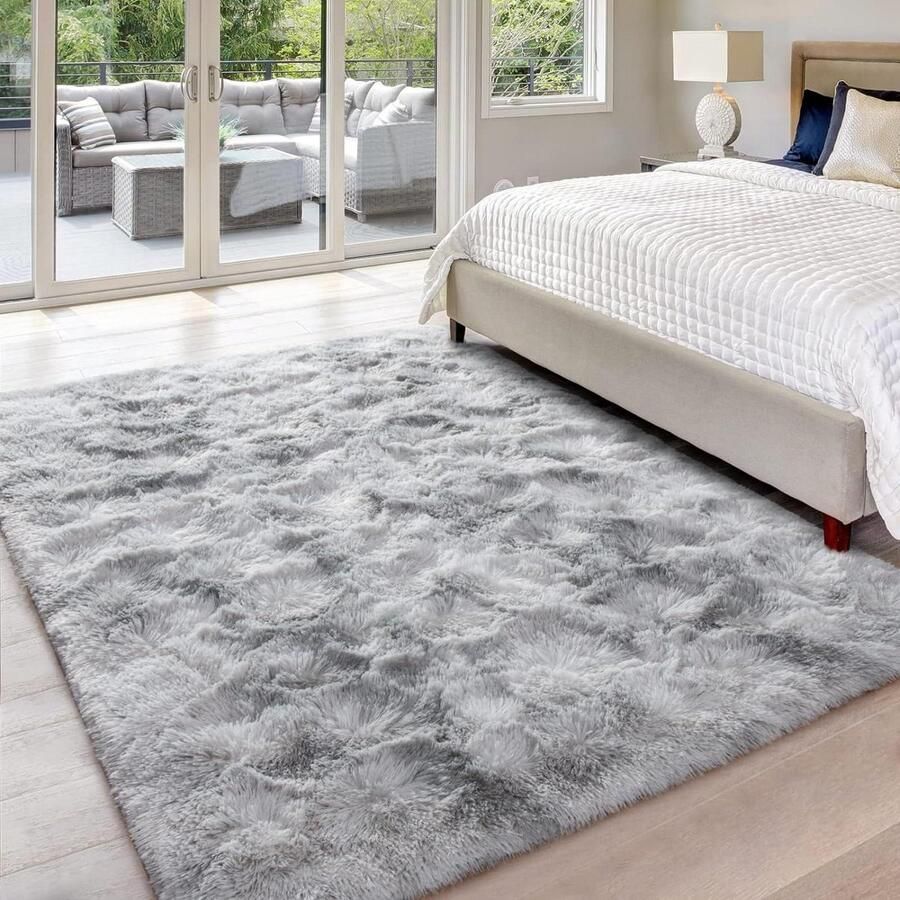 Pluizig tapijt voor moderne woonkamer en slaapkamer zacht en slipvast groot shaggy binnenkleed woondecoratie grijs-wit 120 x 160 cm