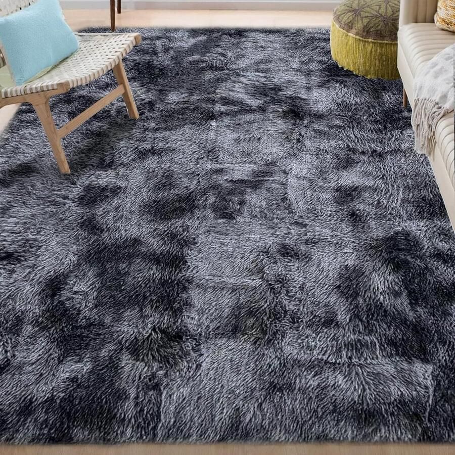Pluizig tapijt voor woonkamer en slaapkamer zacht en comfortabel 1 stuk grijs zwart 135 x 185 cm