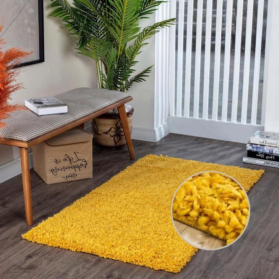 Pluizig langpolig tapijt voor woonkamer slaapkamer eetkamer Berber abstract wit groot 200 x 290 cm geel