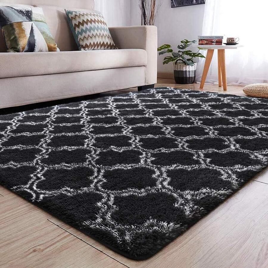 Geometrisch Vloerkleed voor Woonkamer en Slaapkamer Comfortabel Shaggy Tapijt 1 stuk Zwart 185 x 185 cm