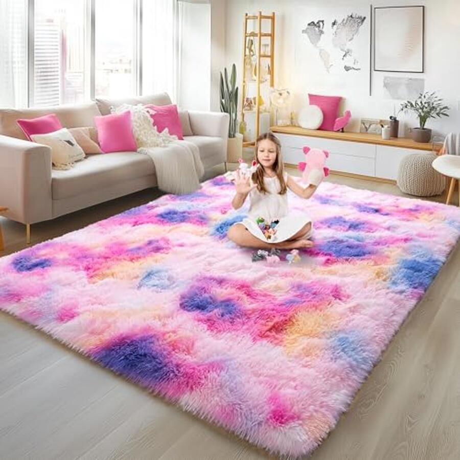 Pluizig Vloerkleed voor Woonkamer en Slaapkamer – Antislip Tapijt voor Kinderen – Modern Regenboogtapijt