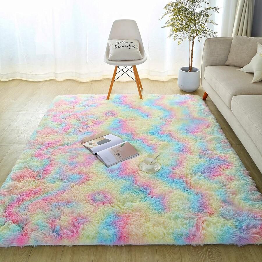 Pluizig vloerkleed woonkamer antislip bonttapijt pluizig zacht modern imitatiebont batiktapijt kinderkamer slaapkamertapijt (regenboog 80 x 160 cm)