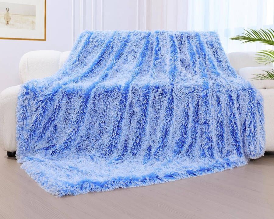 Pluizige deken 200 x 220 cm ultrazachte deken van imitatiebont blauwe plaid met kleurverloop voor banken gezellige en warme pluizige plaid wollen deken bankdeken sprei