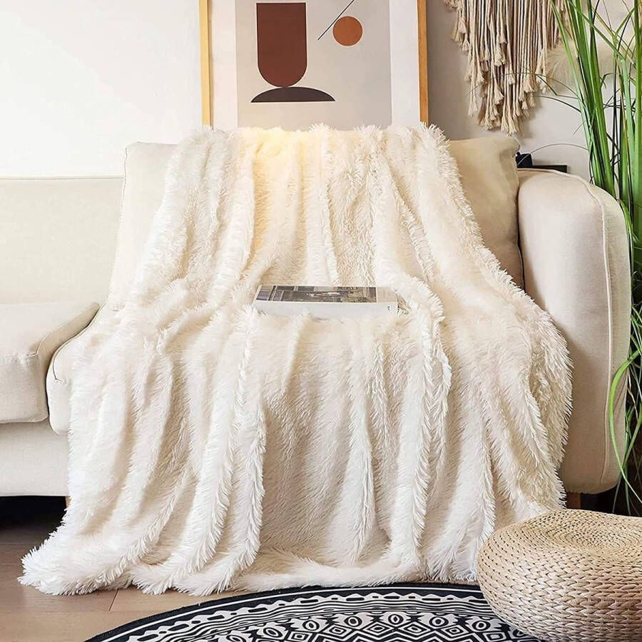 Pluizige deken super zachte langharige pluizige fleece deken warme PV en flanel dubbelzijdige nepbont gooien gezellige pluizige deken voor bed bank stoel auto 200 x 220 cm crèmewit