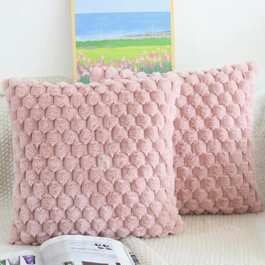 Pluizige Kussenhoes 40 x 40 cm Roze Set Van 2 Pluche Decoratieve Kussenhoezen Zacht Gestreept Luxe Bont Sierkussen Bankkussen Knuffelige Kussenhoezen Woonkamer Bank