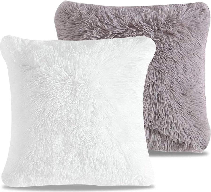 Allecto plus Kussenhoezen Set van 2 43 x 43 cm Bankkussen Vierkante Kussenslopen Zacht Decoratief Grijs Wit Slaapbank Woonkamer Slaapkamer Pluizig