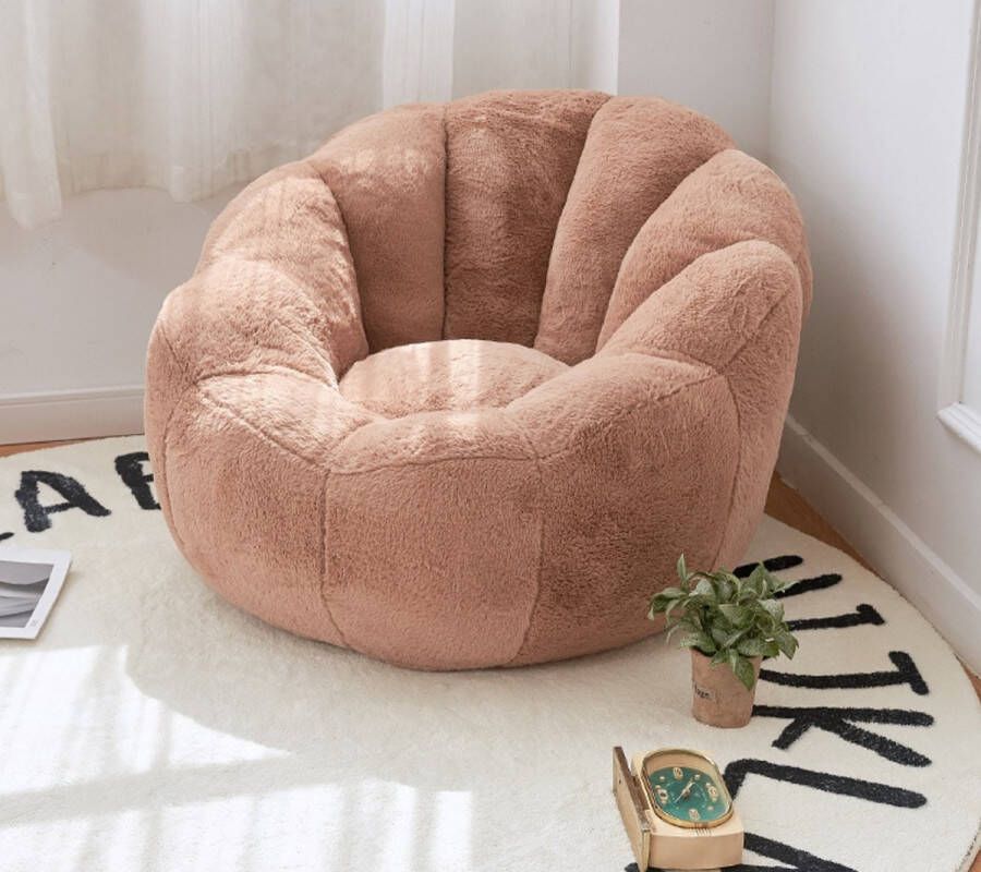 Pluizige Poef Zitzak Ronde Schelp Marmer Bruin