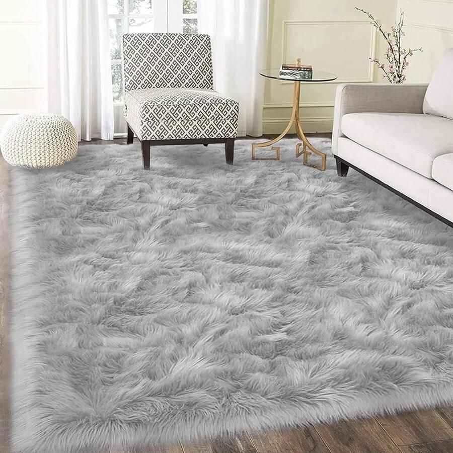 Pluizige schapenvacht grijs tapijt 160 x 230 cm imitatiebont gebiedstapijt voor slaapkamer en woonkamer stoel en bank