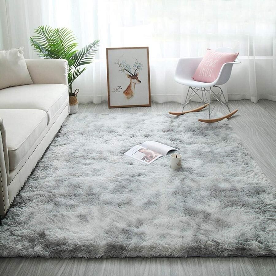Pluizige shaggy vloerkleden voor in de slaapkamer anti-slip woonkamertapijten 120 * 160 cm grijs wit