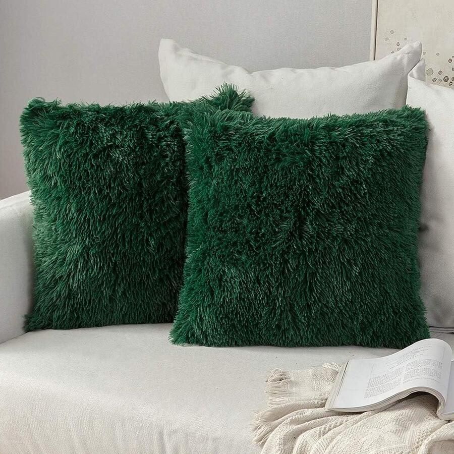 Pluizige zachte decoratieve vierkante schattige pluchen kussenhoes voor woonkamer bank slaapkamer 45 x 45 cm donkergroen set van 2 kussenslopen imitatiebont