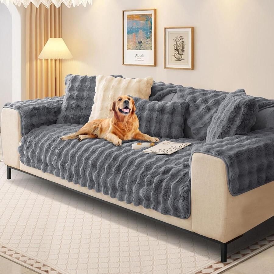 Pluizige zachte dikke bankhoes voor 1-2-3-zitter Universeel antislip Grijs Imitatiebont L-vorm Woonkamer 2023 70 x 150 cm