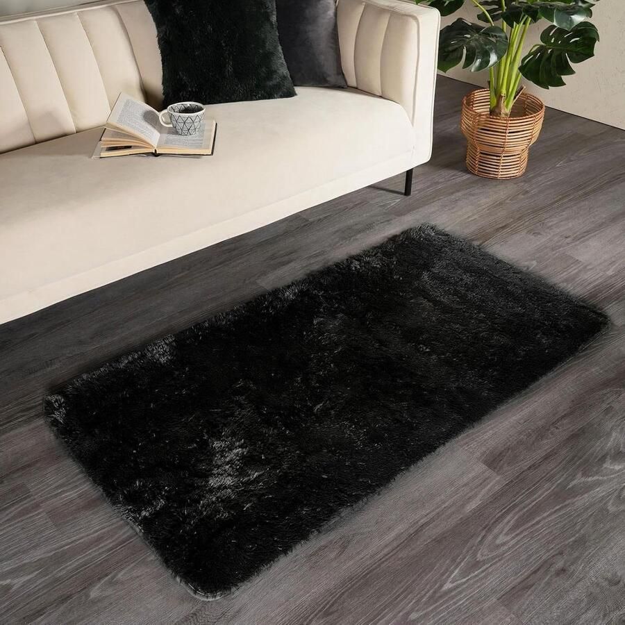 Zwarte pluizige vloerkleden voor woonkamer ruige bedkleden voor slaapkamer decoratief pluizig groot zacht vloerkleed comfortabel dik langpolig antislip tapijt 160 cm x 230 cm vloerkleed