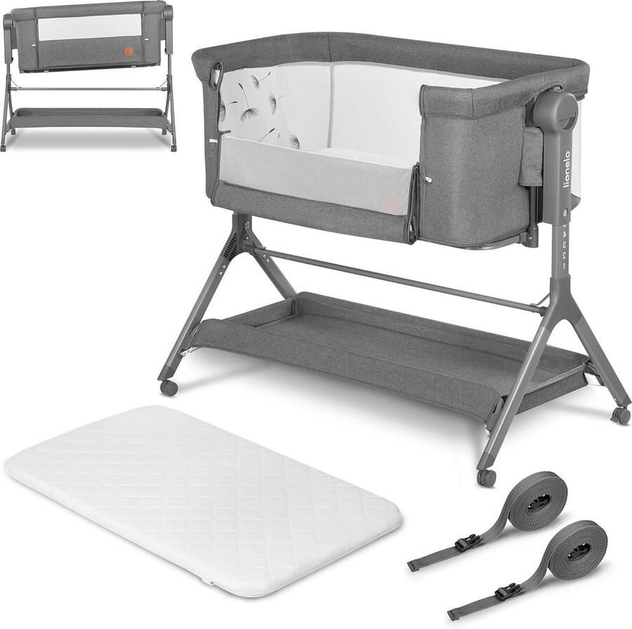 Plus 3 in 1 Vrijstaand Kinderbed Uitschuifbed en Wieg Hoogteverstelling Luchtige Wanden Afneembare Zijkant Wielen met Rem Grote Mand Kinderbed