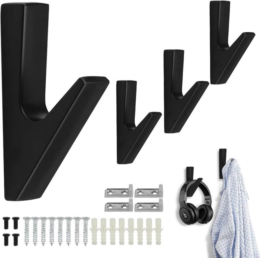 PnxdeobXL 4 stuks kapstokhaken zwart kapstokhaken wand kapstokhaken kledingkast handdoekhaken om te boren voor badkamer slaapkamer deur kast