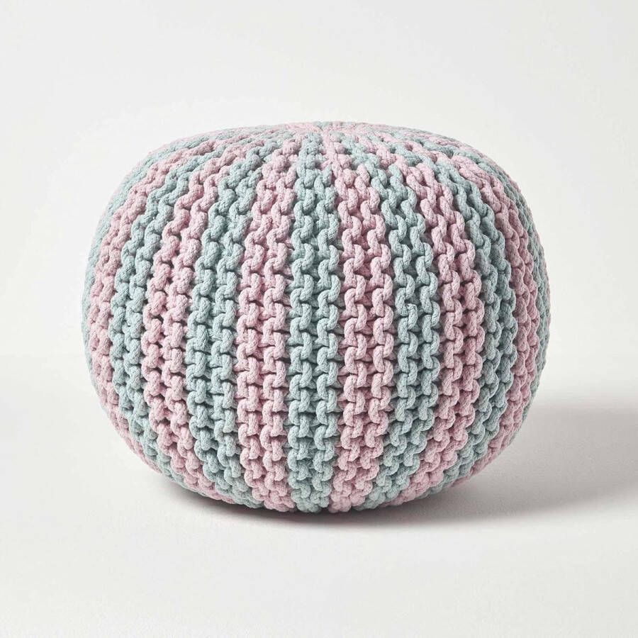 Poef blauw-roze gestreepte gebreide poef rond vloerkussen 35 x 40 cm decoratieve voetenbank met grof gebreide overtrek van 100% katoen gebreide puff gebreide kruk