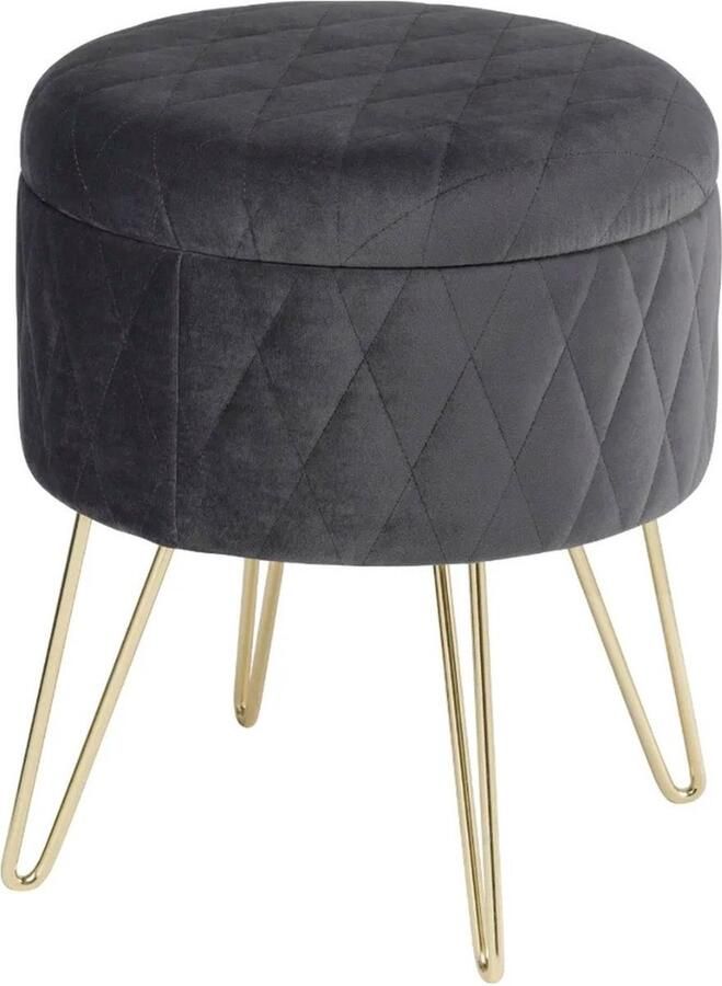 Poef Kruk Voetenbankje Gestoffeerde Krukje Met Opslag Openbaar Donker Grijs Rond Gouden Poten 31x31x36CM