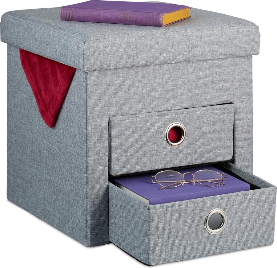 Relaxdays poef met opbergruimte hocker opbergpoef voetenbank opvouwbaar 2 lades grijs