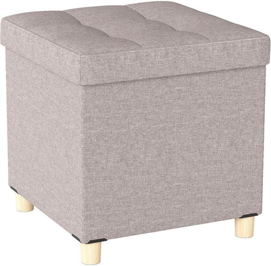 Poef met opbergruimte 45 cm – Linnen rubberhouten blad en poten gestoffeerde voetenbank grijs