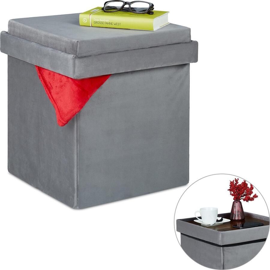 Relaxdays poef met opbergruimte opvouwbare opberg poef dienblad in deksel fluweel