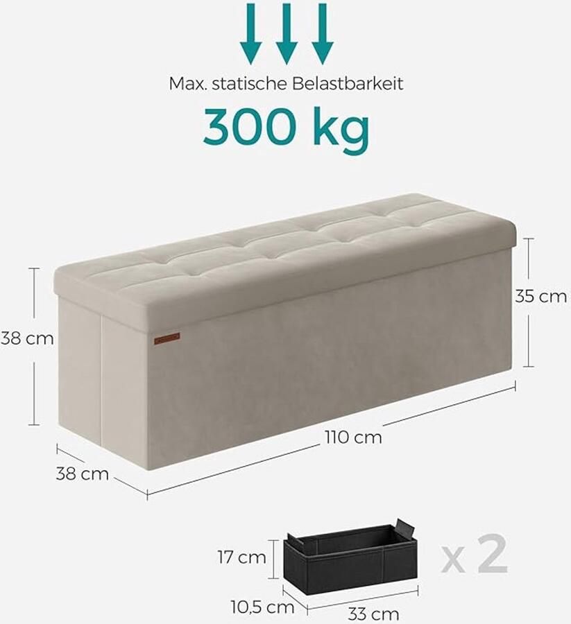 Poef met opbergruimte en inklapbare zitbank – 38x110x38 cm crèmewit tot 300 kg belastbaar