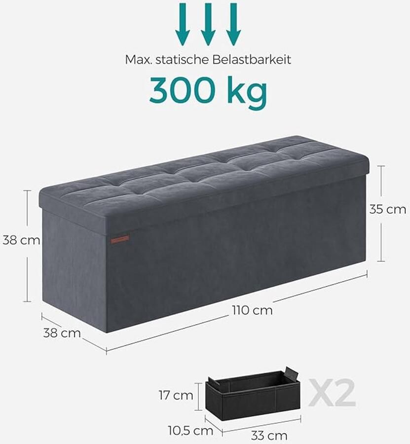 Poef met opbergruimte en inklapbare zitbank – 38x110x38 cm tot 300 kg inktzwart (LSF277B01)