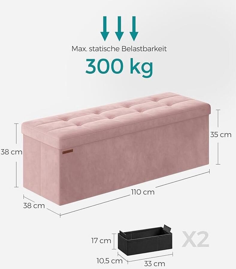 Poef met opbergruimte en inklapbare zitbank – 38x110x38 cm tot 300 kg leigrijs (LSF277G01)