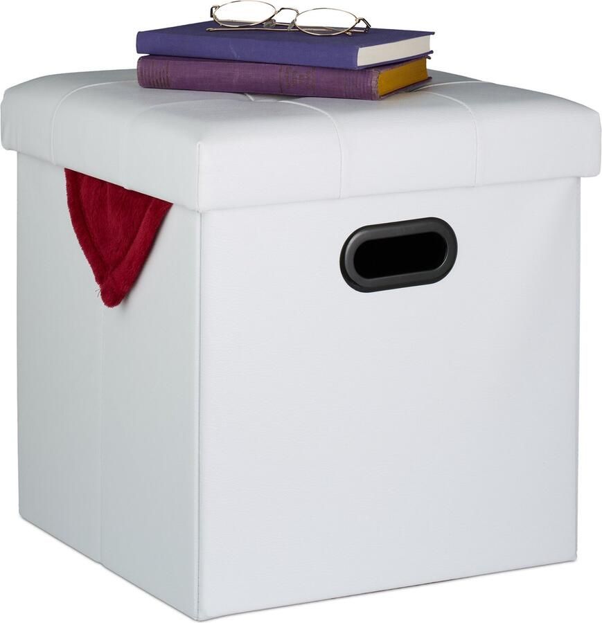 Relaxdays poef met opbergruimte kunstleer 39 x 37 x 37 cm opvouwbaar voetenbank wit