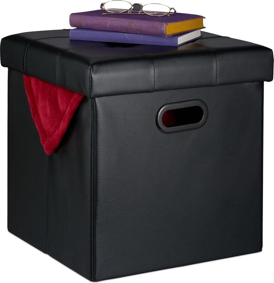 Relaxdays poef met opbergruimte kunstleer 39 x 37 x 37 cm opvouwbaar voetenbank zwart