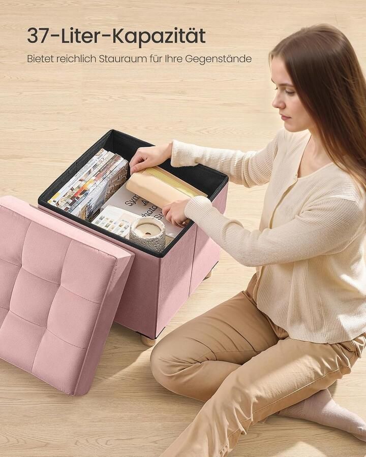 Poef met opbergruimte opvouwbare kruk 38 x 38 x 40 cm 37 L opbergdoos met deksel fluweel tot 300 kg belastbaar pastelroze voor hal woonkamer of slaapkamer