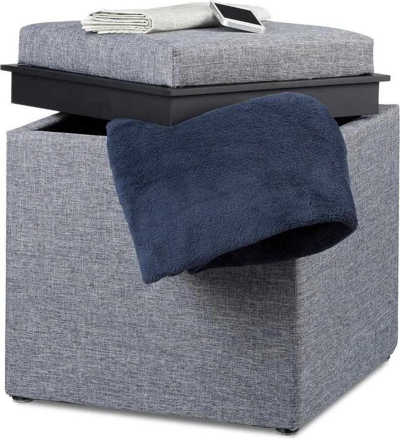 Poef opbergruimte linnen-look hocker dienblad 42x405x405cm voetenbank donkergrijs