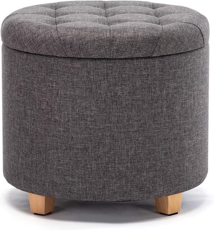 Merkloos 45 cm ronde linnen Ottomaanse opbergkruk met gewatteerde zitting voetenbank poef stoel met deksel (Houtskool)