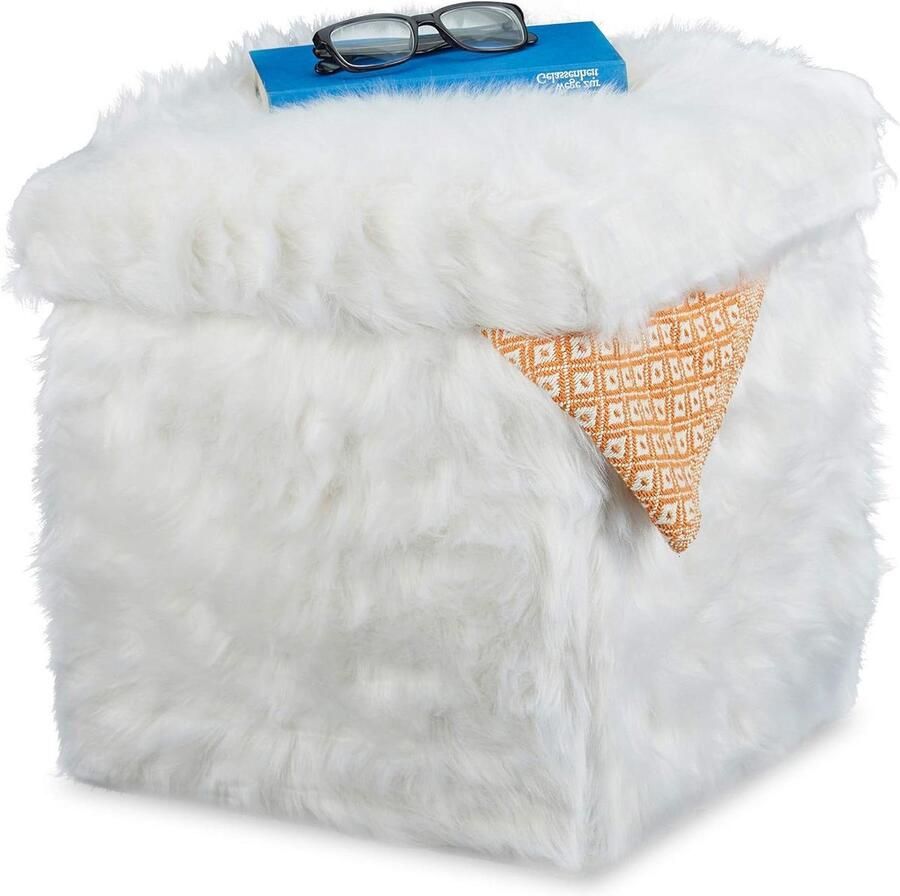 Poef vacht gepolsterd opvouwbaar plusche opbergruimte 40 l zitkist hocker 39x38x38 cm wit Kruk met opbergruimte