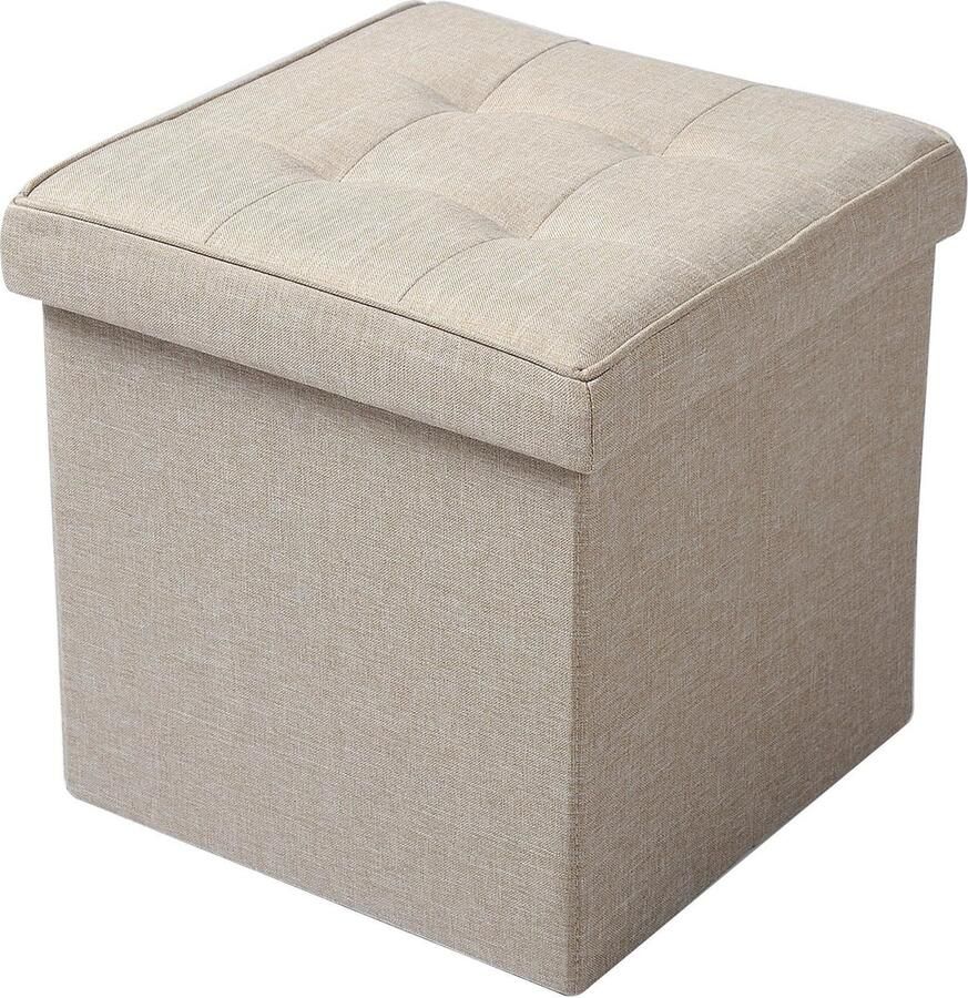Poef voetenbank met deksel in Linnen Opbergkruk opvouwbare 37 5x37 5x38cm Beige