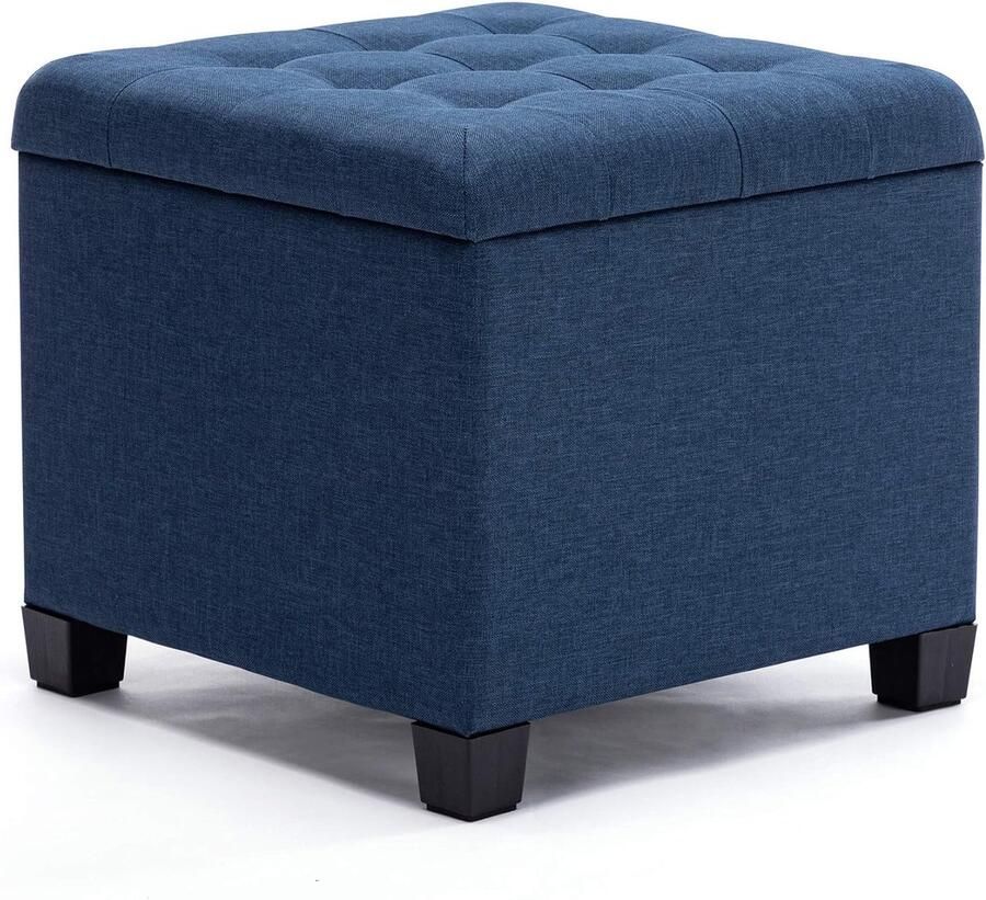 Poef voetenbank opbergdoos 45 cm kubus sterk houten frame linnen woonkamer speelgoedkist kledingstoel stoel met deksel voor slaapkamer marineblauw