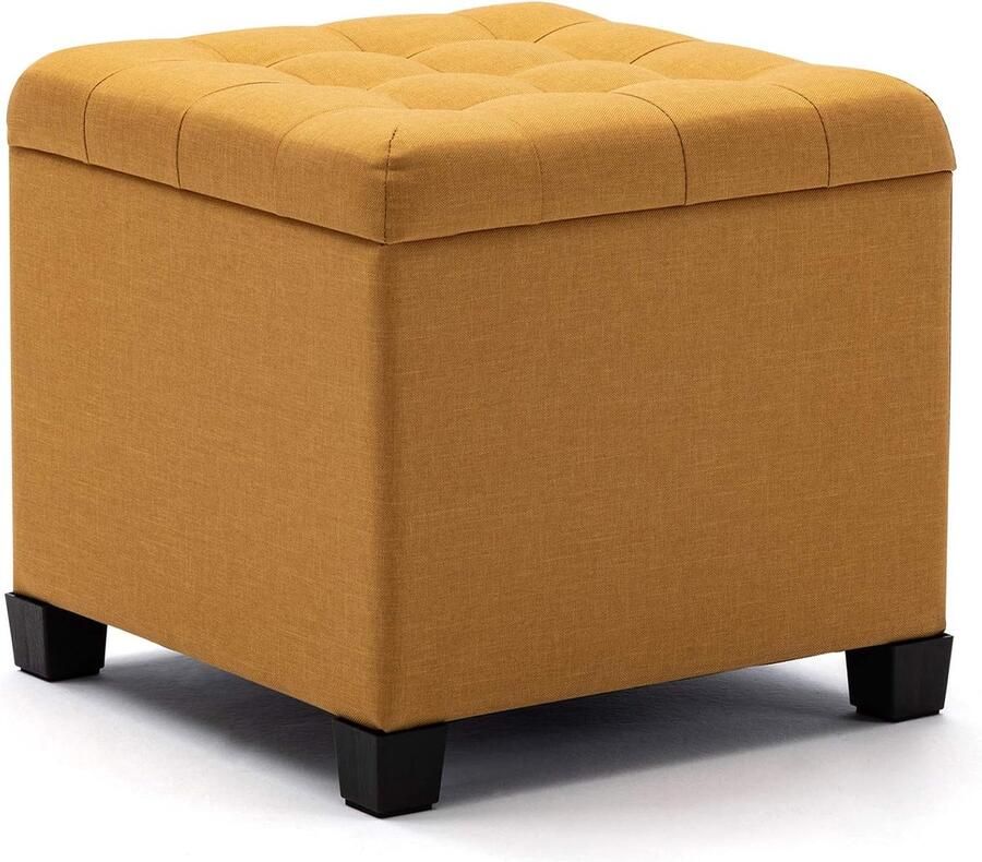 Poef voetenbank opbergdoos 45 cm kubus sterk houten frame linnen woonkamer speelgoedkist kledingstoel stoel met deksel voor slaapkamer geel