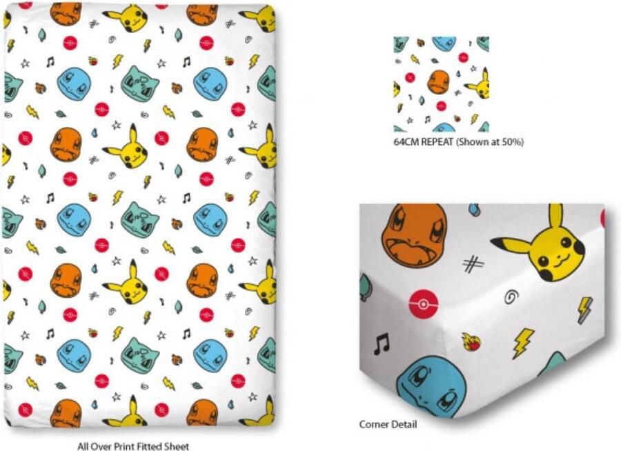 Pokémon Hoeslaken 100% katoen 1 persoonsbed 90x190+26cm (geschikt voor matras 90x200cm)