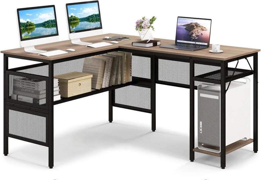 PolderGoods hoekbureau-L-vormig bureau-140 x 120 x 74 cm-omkeerbaar met roosterplanken -computertafel-bureautafel voor thuiskantoor