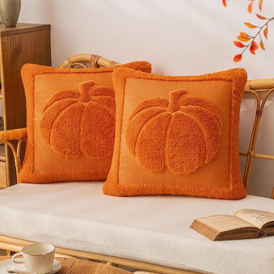 Pompoen herfst kussenslopen 18x18 Set van 2 oranje geborduurde pluchen sierkussenhoezen Zachte pluizige decoratieve kussenhoezen voor op de bank Halloween herfst boerderij woondecoratie