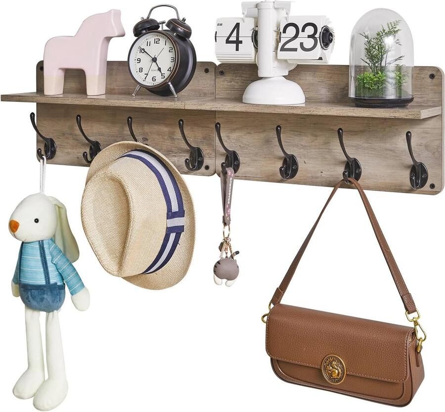 Houten Kapstok Plank Muur Gemonteerd met 8 Haken Sleutelhanger voor Slaapkamer Badkamer en Woonkamer 80 cm