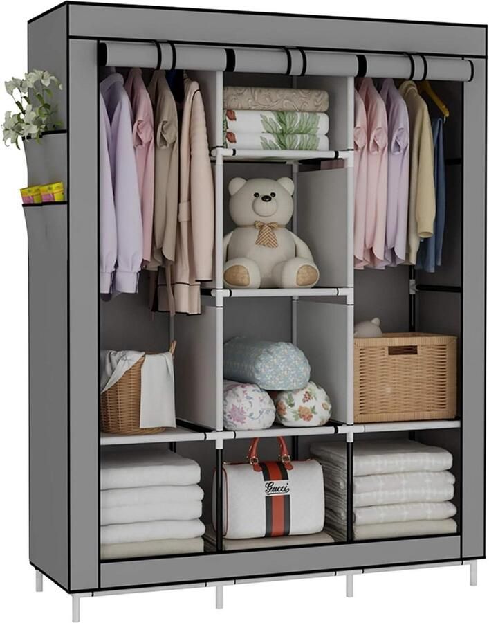 Portable Garderobekast Kleding Organizer Met 6 Opslagplanken 2 Hangende Secties en 4 Zijzakken Grijs Kledingkast