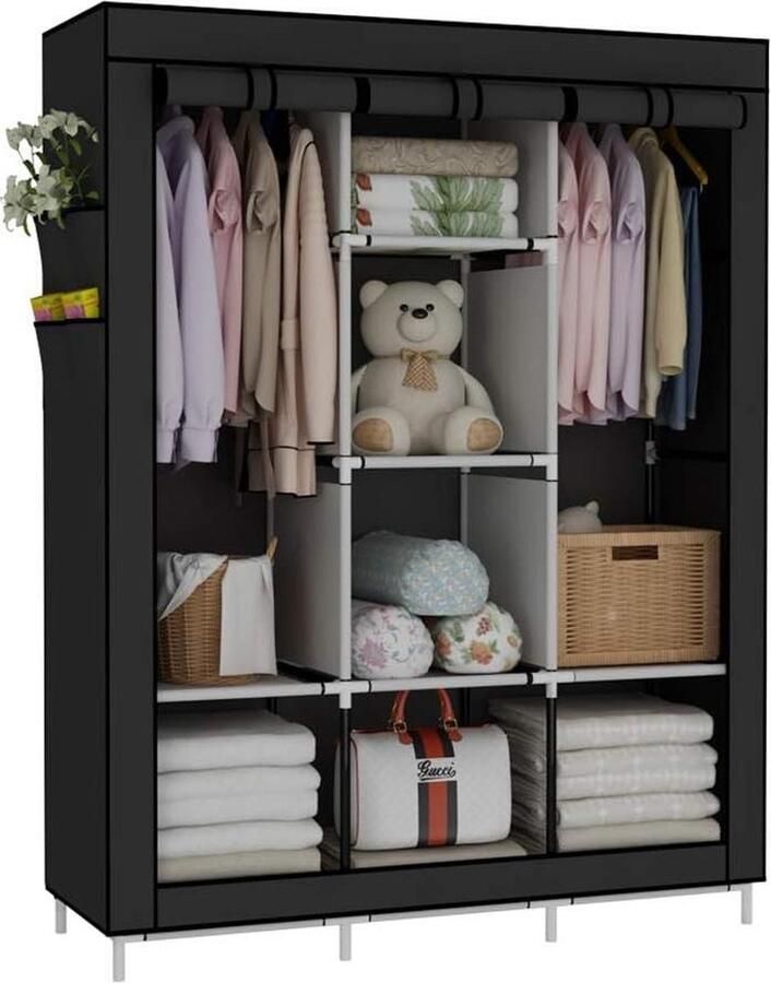 Portable Wardrobe Closet Clothes Organizer with 6 Storage Shelves Black Wardrobe Organizer