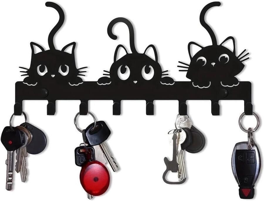 Sleutelhouder Muurbevestiging 10.19 “x4.72” Hanger Muren Decoratieve Sleutelhouders Zwarte Metalen Kattensleutelhouder aan de Muur met 8 Haken voor Thuis Bureau Entree
