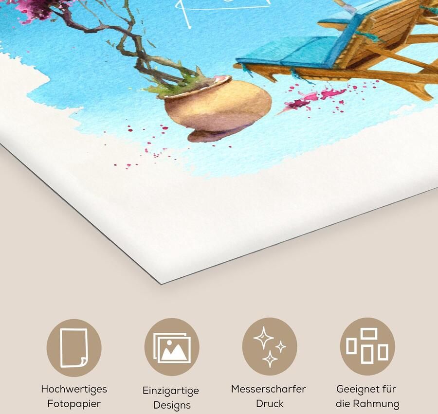 Poster 50x50 cm Strandstoel Parasol Bloemen Tekening Posters Kamer decoratie Wanddecoratie woonkamer Muurdecoratie slaapkamer - Foto 2